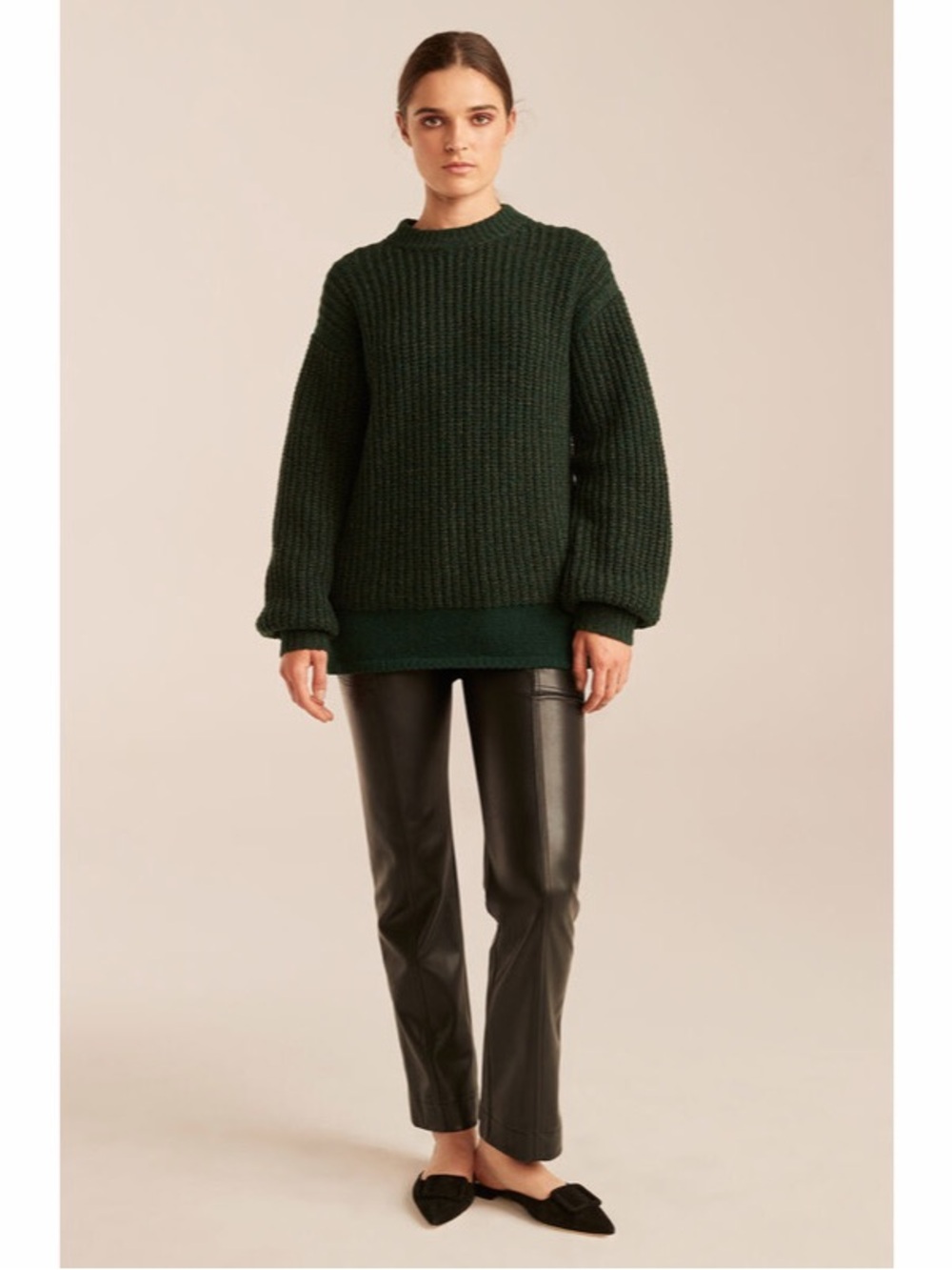 Rebecca Taylor Tweed Crew Pullover Crewneck Cable Knit Sweater Green Size S